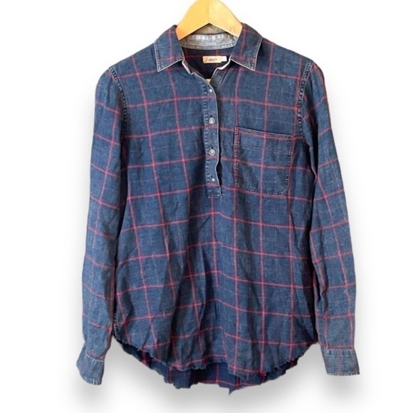 Faherty Tops - Faherty Blue Red Plaid 1/4 Button Flannel Raw Hem Long Sleeve Shirt Small